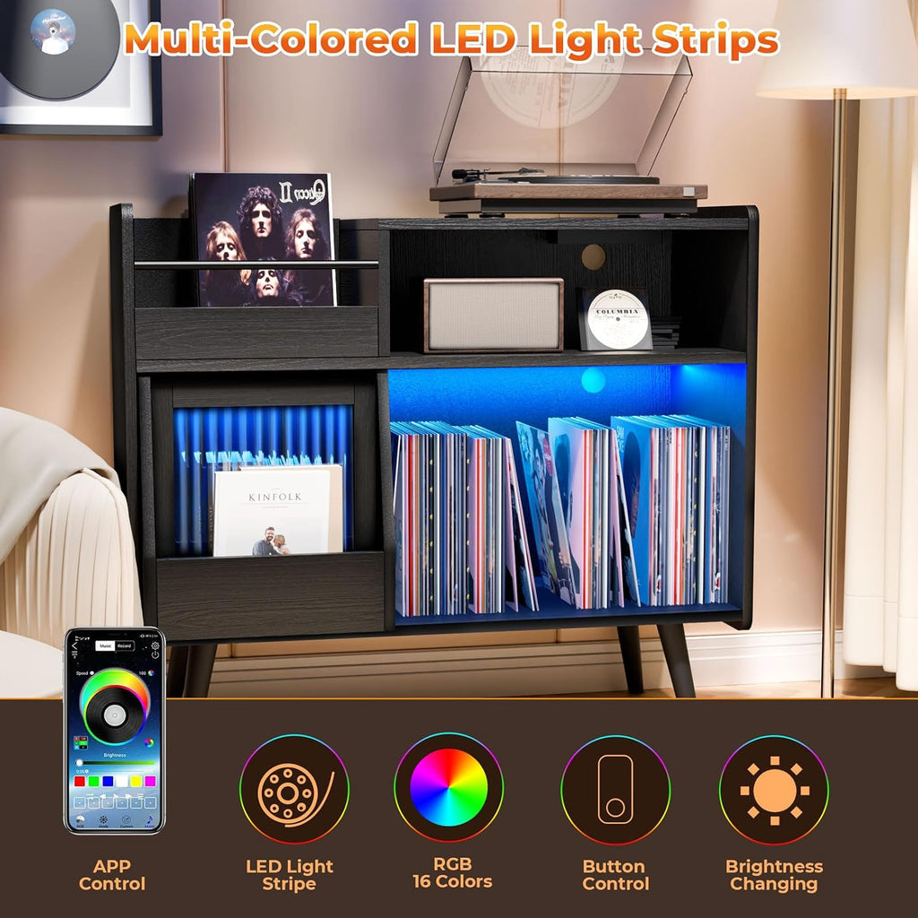 Large Record Player Stand with Sliding Door,350 Vinyl Record Storage Cabinet, Record Player Table with Power Outlet and LED Light,Turntable Stand with Wood Legs for Living Room,Bedroom,Office