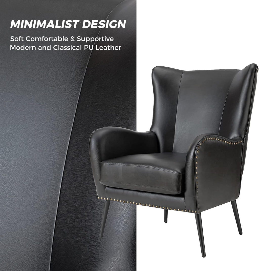 HULALA HOME Faux Leather Accent Chair with Removable Cushion, Comfy Upholstered Armchair with Black Metal Legs & Nailhead Trim Wingback Vanity Chair for Reading Living Room Bedroom, Black