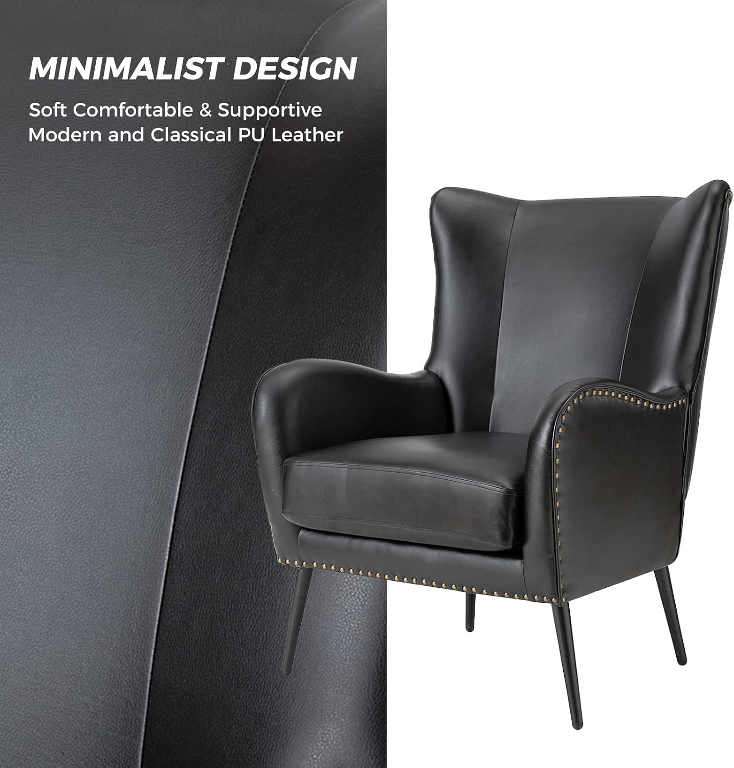 HULALA HOME Faux Leather Accent Chair with Removable Cushion, Comfy Upholstered Armchair with Black Metal Legs & Nailhead Trim Wingback Vanity Chair for Reading Living Room Bedroom, Black