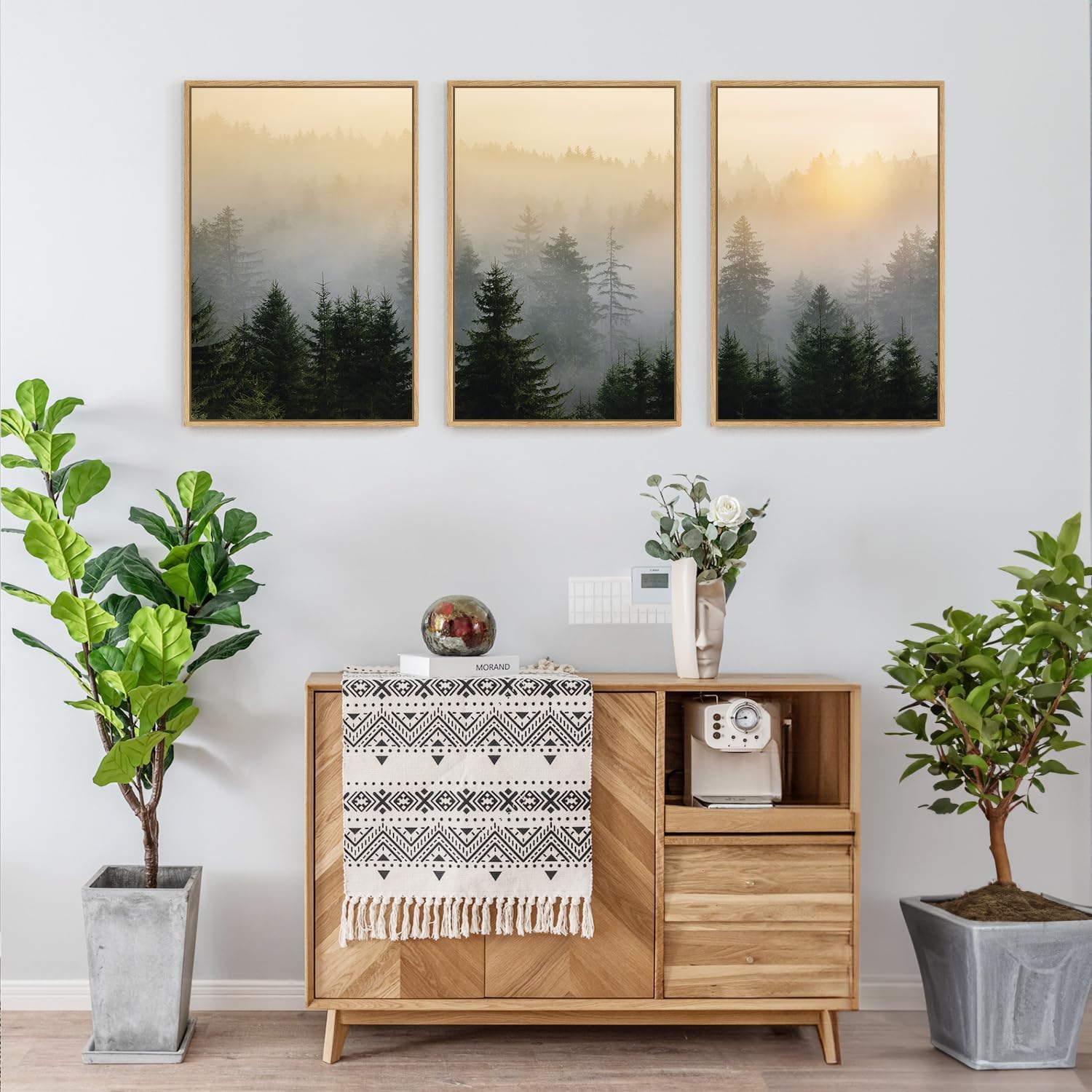 FWIEXA Misty Forest Wall Art Set Framed, Large Mountains Canvas Wall Decor, Green Nature Wall Painting, Foggy Tree Landscape Artwork 3 Panel 24x36 Inches for Living Room, Bedroom, Office, Gift