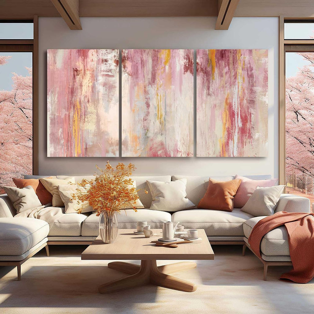 Kureful Large Pink Wall Art Gold Bedroom Decor for Teens Abstract Wall Art for Living Room Canvas Wall Paintings Gold Artwork Pictures for Wall 24'x 36'x 3 Panel