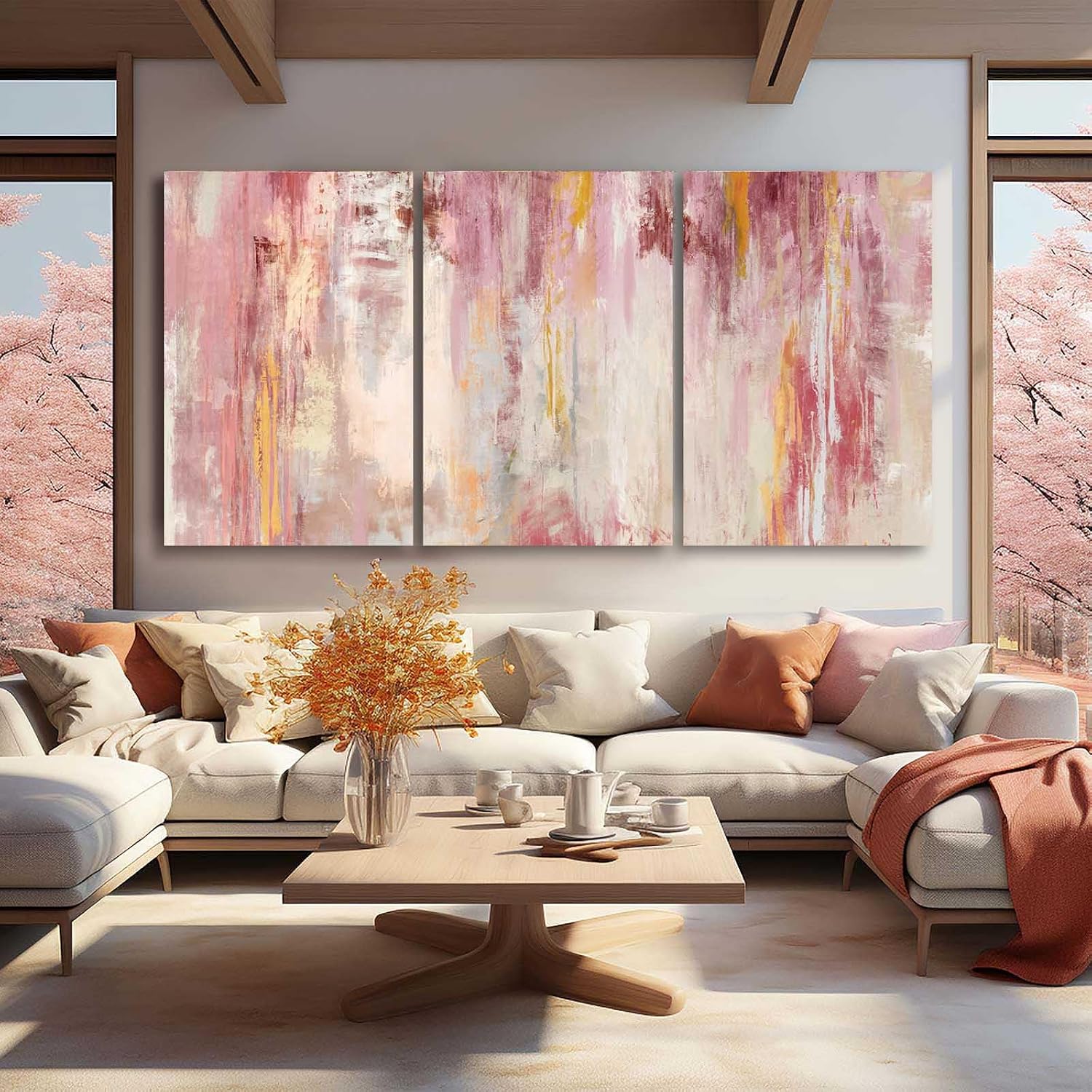 Kureful Large Pink Wall Art Gold Bedroom Decor for Teens Abstract Wall Art for Living Room Canvas Wall Paintings Gold Artwork Pictures for Wall 24'x 36'x 3 Panel