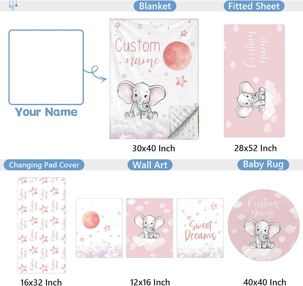 KAINSY Personalized Nursery Bedding Set, 5 Pcs - Custom Baby Girl Elephant Bedding, Toddlers Bedding Set with Name, Double Layer, Customized Gift for Infant Kid