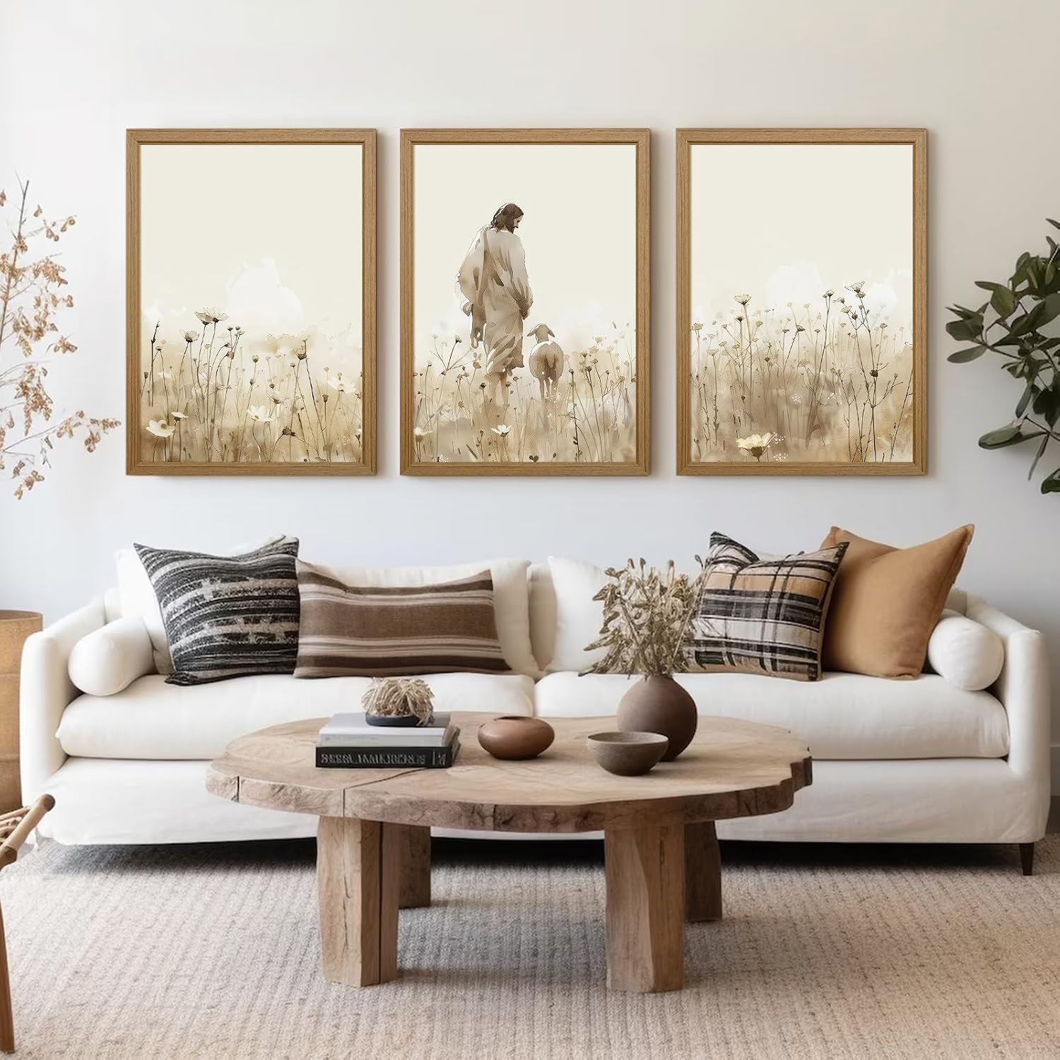 Jesus Leaves the 99 Sheep Wall Art Christian Canvas Poster Jesus and Lamb Wall Decor Religious Pictures Lost Sheep Painting God Christ Painting Artwork for Bedroom Living Room 24x36x3 Inch Wood Framed