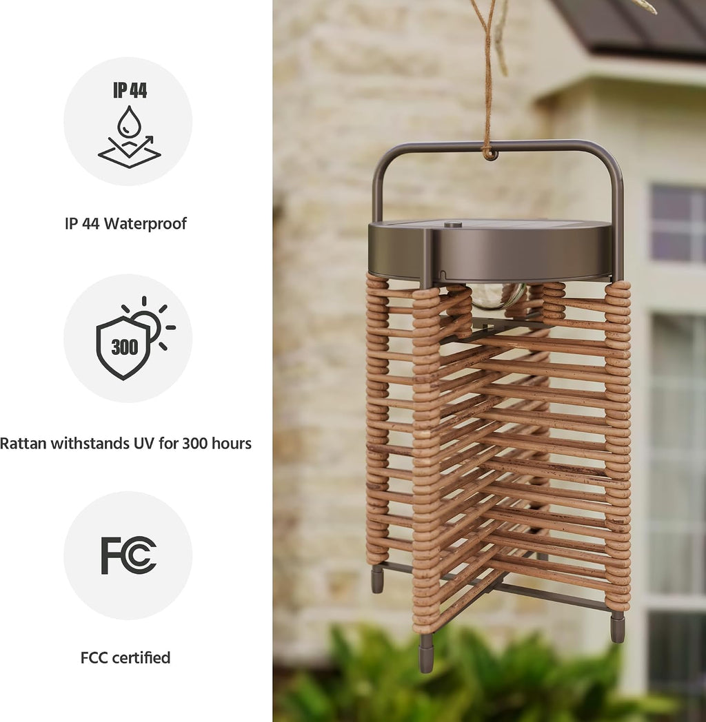 LAUSAINT HOME Solar Powered Outdoor Floor Lamp with Auto On/Off LED Light, Waterproof Wicker Patio Floor Lights, Boho Rattan Floor Lantern (1 Floor Lamp & 2 Desk Lamp)