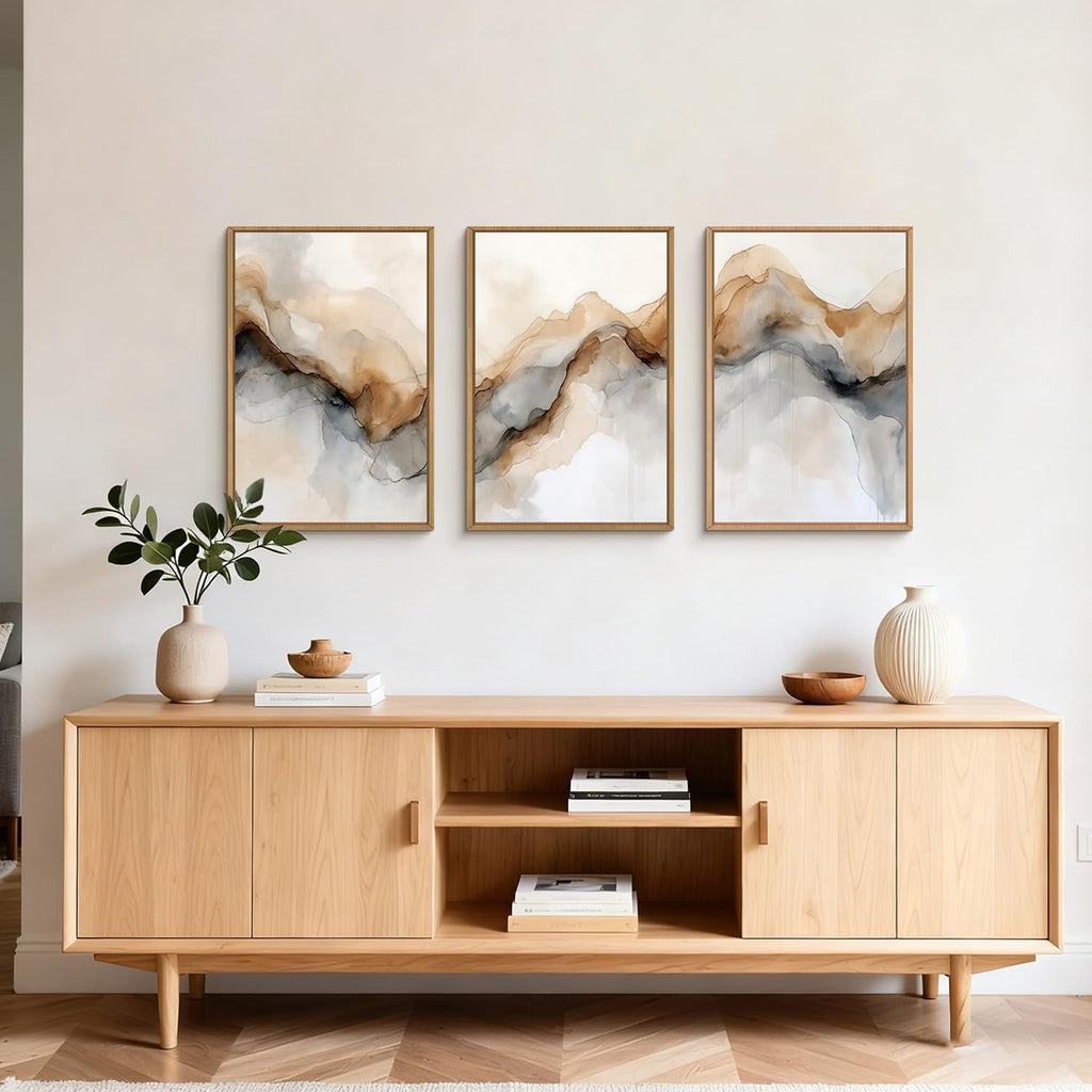 Ausril Abstract Neutral Framed Canvas Wall Art Set, Retro Watercolor Landscape Wall Decor, Modern Texture Art Prints, Minimalist Nature Wall Painting for Living Room, Bedroom, Office 24×36inches