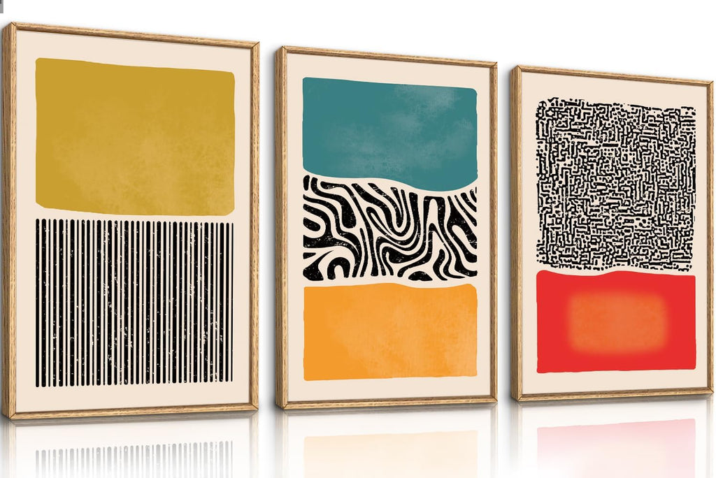 HLNIUC Large Mid Century Modern Wall Art Framed 24x36, Boho Abstract 3 Piece Canvas Decor, Mcm Vintage Bohemian Color Block Painting, Geometric Line Art Print for Living Room, Bedroom, Office