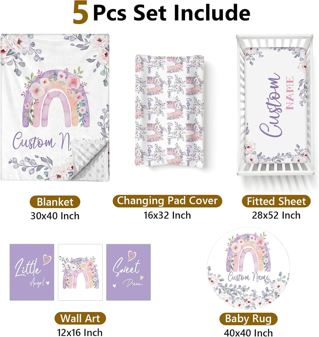 Terwex Personalized Baby Crib Set, 5 Pcs Custom Name Bedding for Girls Boys - Nursery Crib Sets, Soft Toddler Sets for Infant Customized Gifts, Purple Rainbow