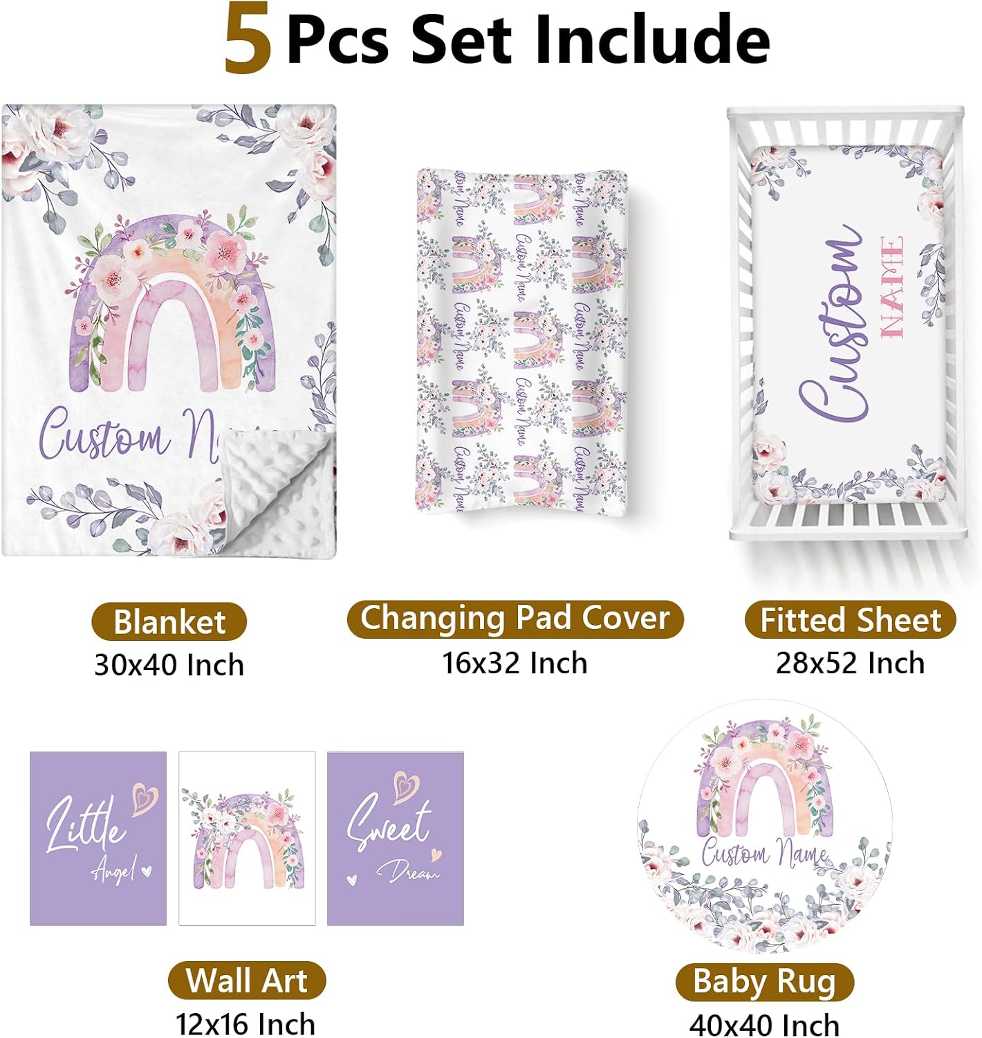 Terwex Personalized Baby Crib Set, 5 Pcs Custom Name Bedding for Girls Boys - Nursery Crib Sets, Soft Toddler Sets for Infant Customized Gifts, Purple Rainbow