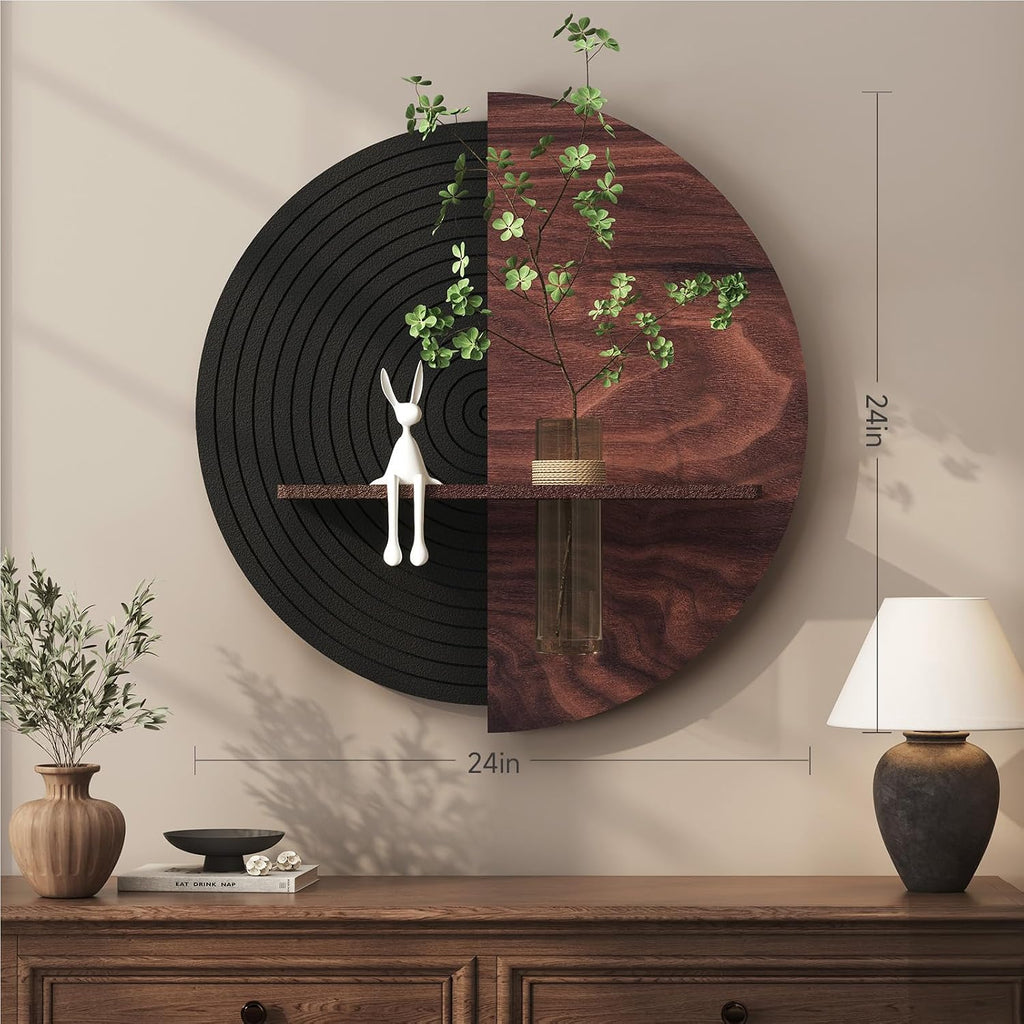 3D Textured Round Abstract Wall Art Decor With Shelf, Modern Minimalist Geometric Black Brown Artwork for Walls, Circle Sandstone Texture Wall Decor for Living Room, Hallway, Kitchen, Bedroom, Office