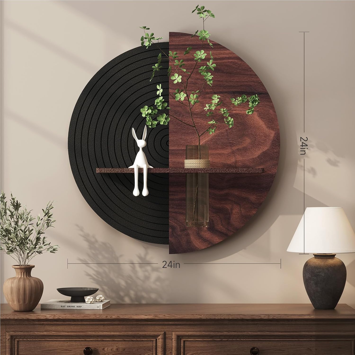 3D Textured Round Abstract Wall Art Decor With Shelf, Modern Minimalist Geometric Black Brown Artwork for Walls, Circle Sandstone Texture Wall Decor for Living Room, Hallway, Kitchen, Bedroom, Office