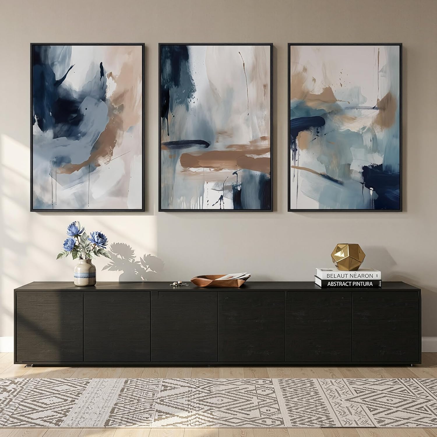 Large Framed Blue and Neutral Abstract Wall Art for Living Room, 3 Piece Modern Canvas Prints Paintings Artwork for Walls, Minimalist Pictures for Bedroom Dining Room Hallway Wall Decor 24x36 Inch