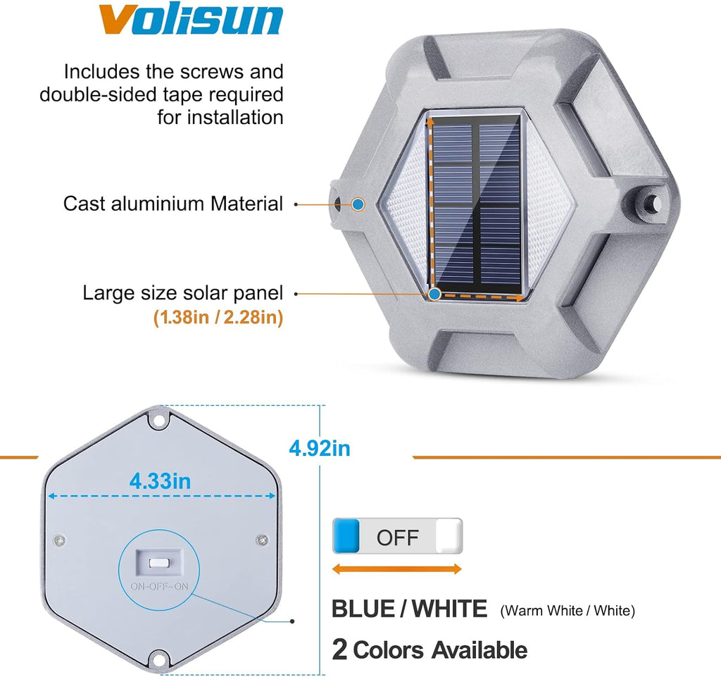 VOLISUN Solar Dock Lights - 16-Pack Waterproof Outdoor LED Aluminum Warning Step Lights for Driveway (Warm White & White, 2 Colors in 1), Auto On/Off