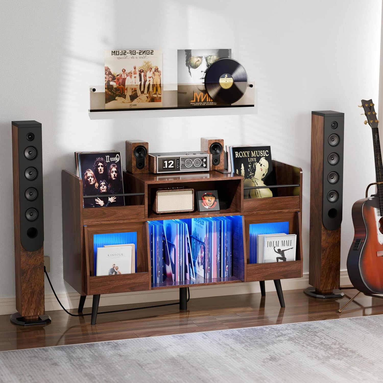 MULEJYBO XL Record Player Stand with Sliding Door,500 Vinyl Record Storage Cabinet, Record Player Table with Power Outlet & LED Light,Turntable Stand with Wood Legs for Living Room,Office