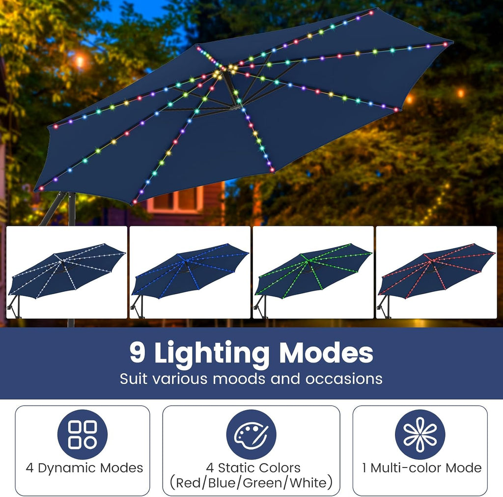 Tangkula 10 FT Solar Patio Umbrella with Base Included, Cantilever Offset Hanging Outdoor Umbrella with 96 Multi-Colored Flowing LED Lights, 9 Modes, Tilt Adjustment, 360° Rotation, Crank for Pool Yard Deck Lawn (Navy)