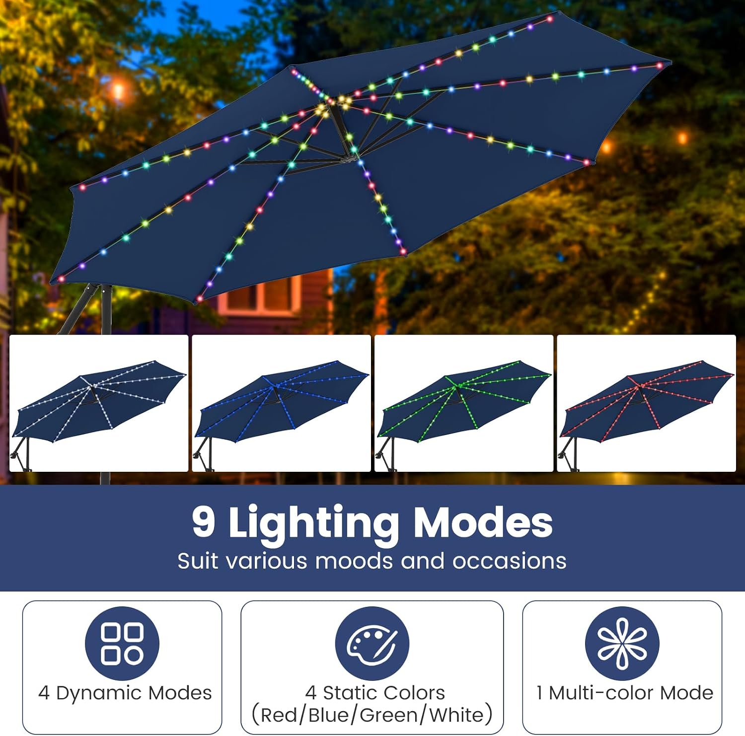 Tangkula 10 FT Solar Patio Umbrella with Base Included, Cantilever Offset Hanging Outdoor Umbrella with 96 Multi-Colored Flowing LED Lights, 9 Modes, Tilt Adjustment, 360° Rotation, Crank for Pool Yard Deck Lawn (Navy)
