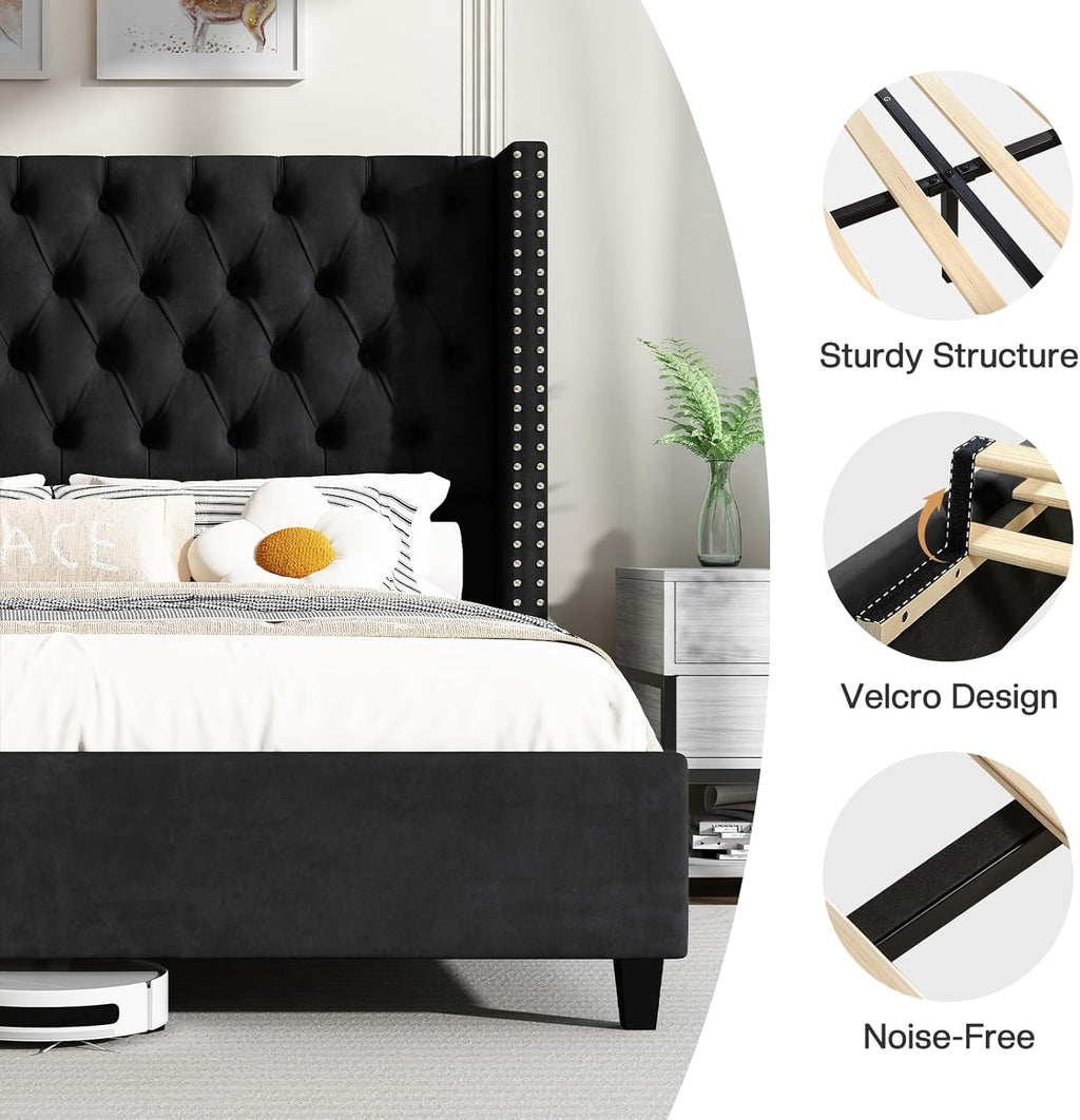 Jocisland Queen Size Velvet Upholstered Platform Bed Frame with 52' Tall Wingback Headboard, Deep Button Tufting, No Box Spring Required, Elegant Black