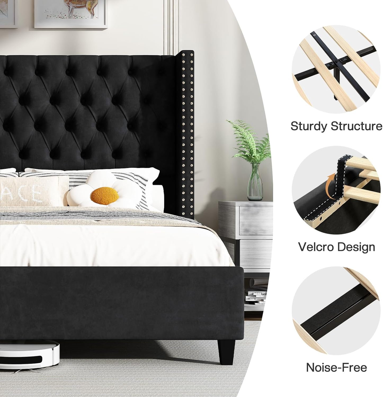 Jocisland Queen Size Velvet Upholstered Platform Bed Frame with 52' Tall Wingback Headboard, Deep Button Tufting, No Box Spring Required, Elegant Black