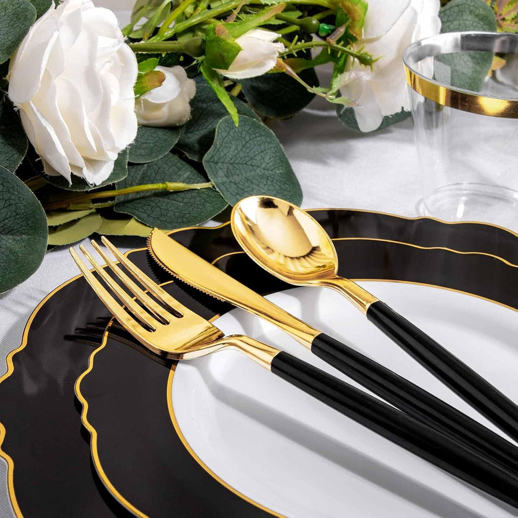 WDF 30Guest Black and Gold Plastic Plates - New Year Plates - Gold Plastic Silverware With Black Handle Baroque Black and Gold Disposable Dinnerware for New Year &Parties (Pack of 2)