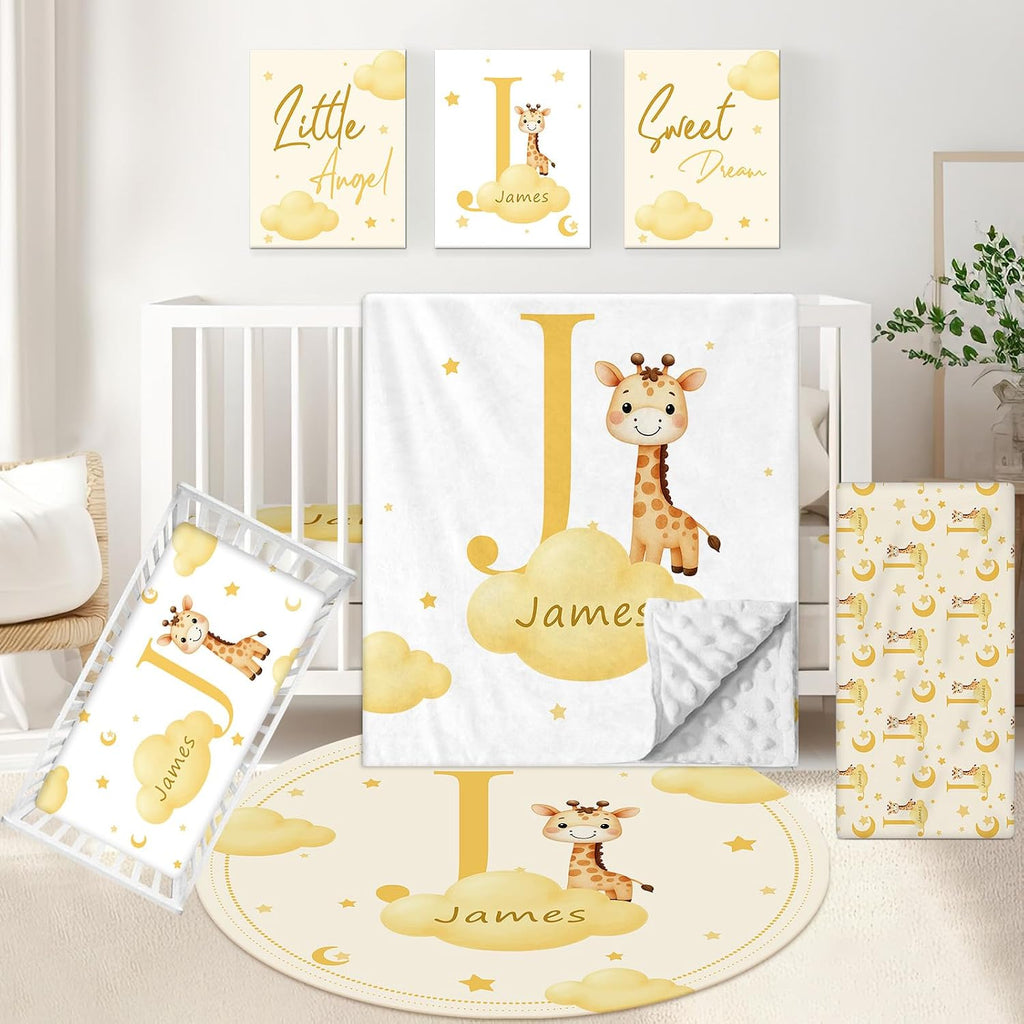 KAINSY Custom Crib Bedding Set, 5 Pcs Personalized Name Monogram Baby Crib Sets for Infants Toddlers, Yellow Giraffe Nursery Bedding Set for Boys Girls, Double Layer Baby Bedding Sets Customized Gifts