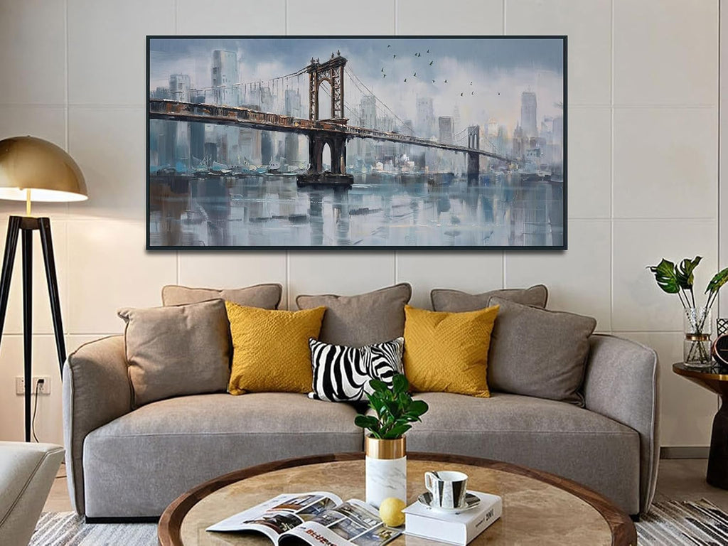 Enartly Framed NYC Brooklyn Bridge Wall Art for Lving Room, Large Skyline New York City Canvas Painting Modern Bridge Grey Picture for Bedroom Hallway Home Office Wall Decor, Black Framed 58'x29'
