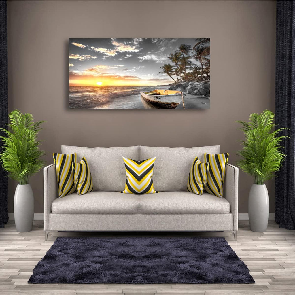 Beach Wall Art Canvas Prints Art Black and White Sunset Seascape Pictures Bedroom Decor Boat Tree Ocean Landscape Painting for Living Room Office Decoration Natural Scenery Artwork 28 x 57inches