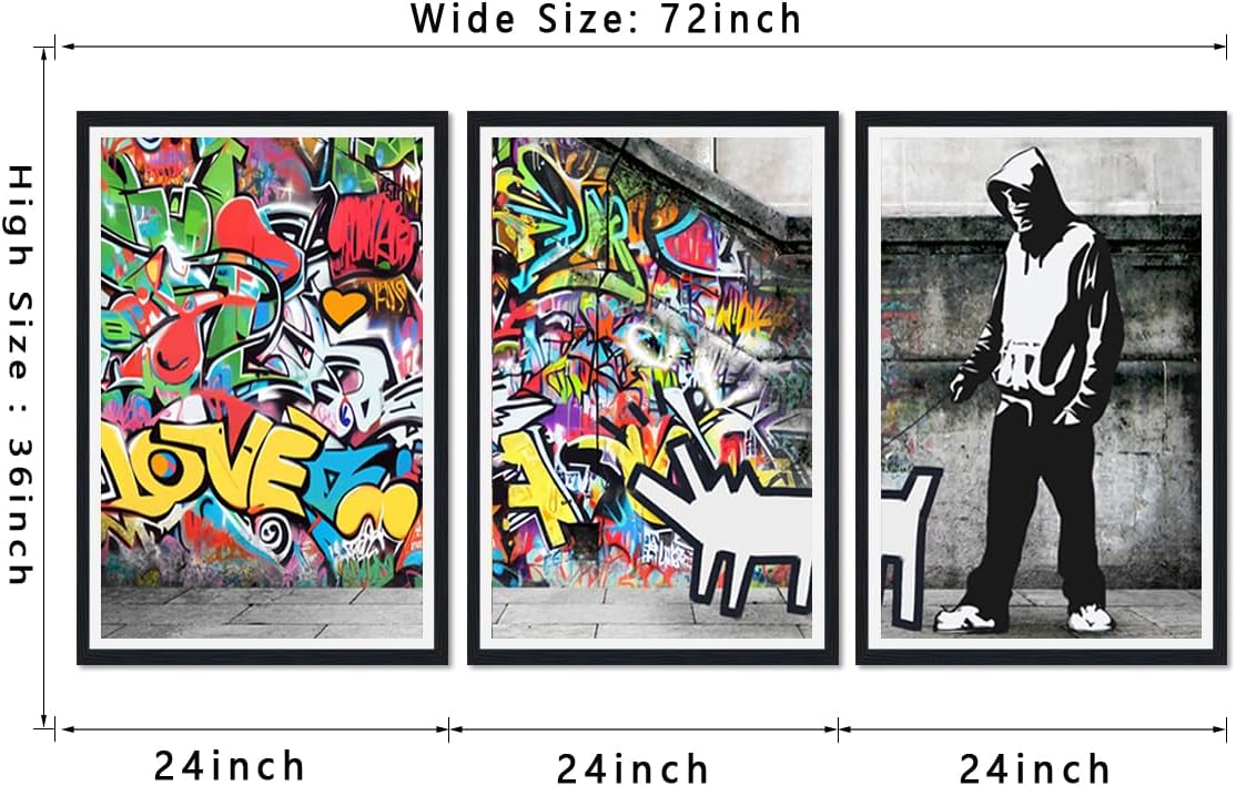Novatique Graffiti Canvas Wall Art Pop Art Wall Decor Street Art Painting Picture Framed Graffiti Poster Artwork for Living Room Office,24' x 36' x 3pcs