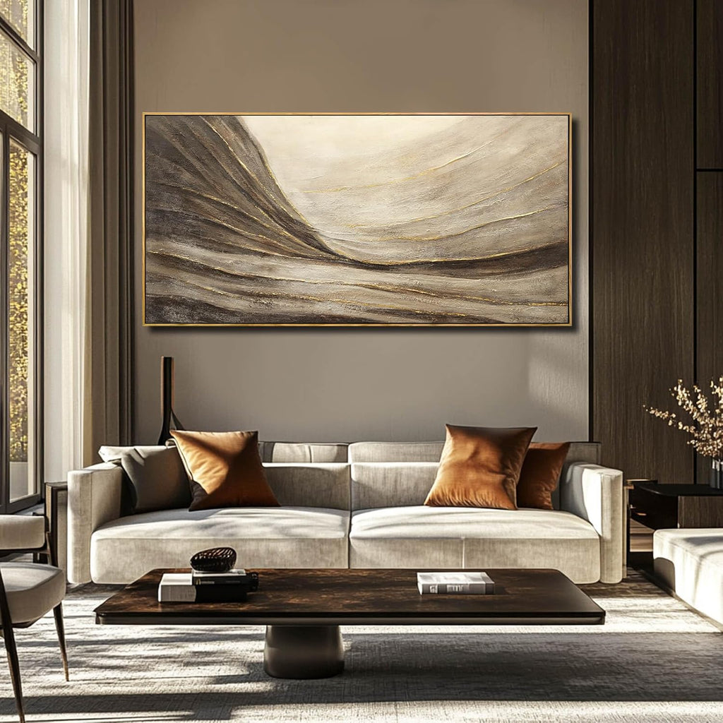 WINKAILIN Modern Abstract Wall Art with Frame Brown and Grey Painting Wave Poster Line Canvas for Living Room Bedroom Textured Home Decor 24x48 Inch