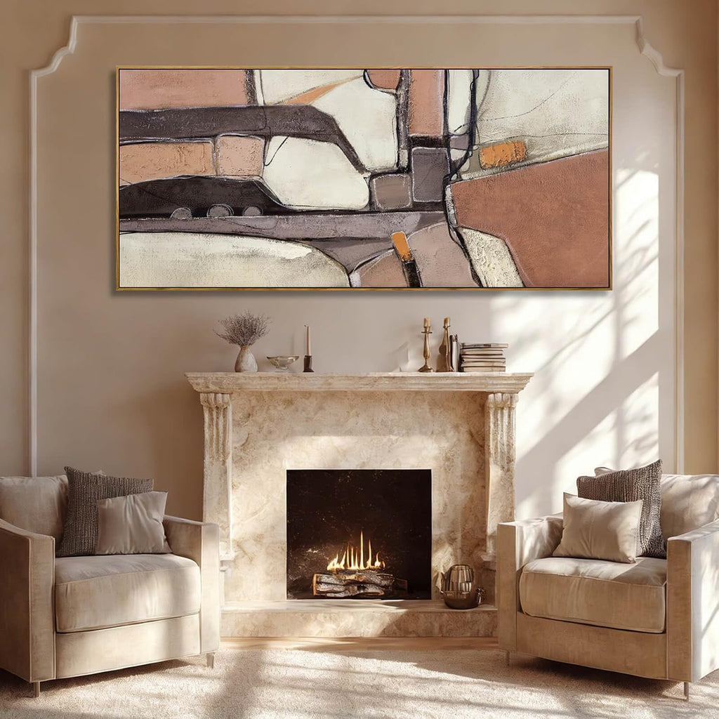 ZENPEE Brown & Grey Abstract Canvas Wall Art 32x71, Neutral Off-White Geometric Design with Wooden Frame, Modern Oversized wall art for living room