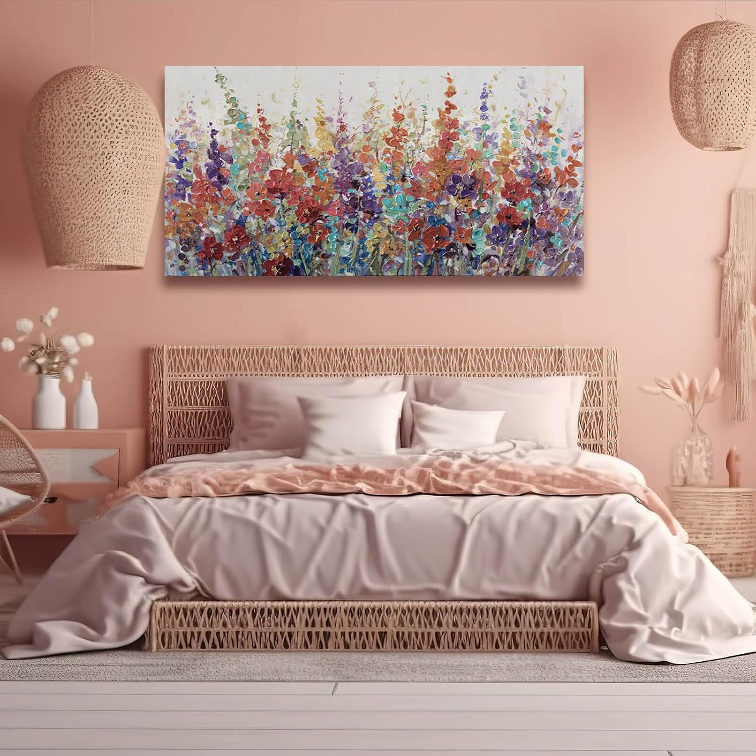 XIANSHOU Pink and Gold Wall Art Flowers Picture Textured Wall Art for Bedroom Living Room Office Girls Room Wall Decoration 29'x 58'