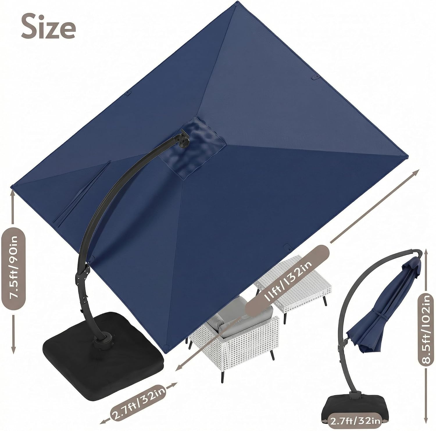 ENSTVER 11x11ft Large Cantilever Umbrella With Base Included & Solar Powered Led Lights, Deluxe Curvy All-Aluminum Rectangular Patio Umbrella For Deck, Pool And Backyard (Navy Blue)
