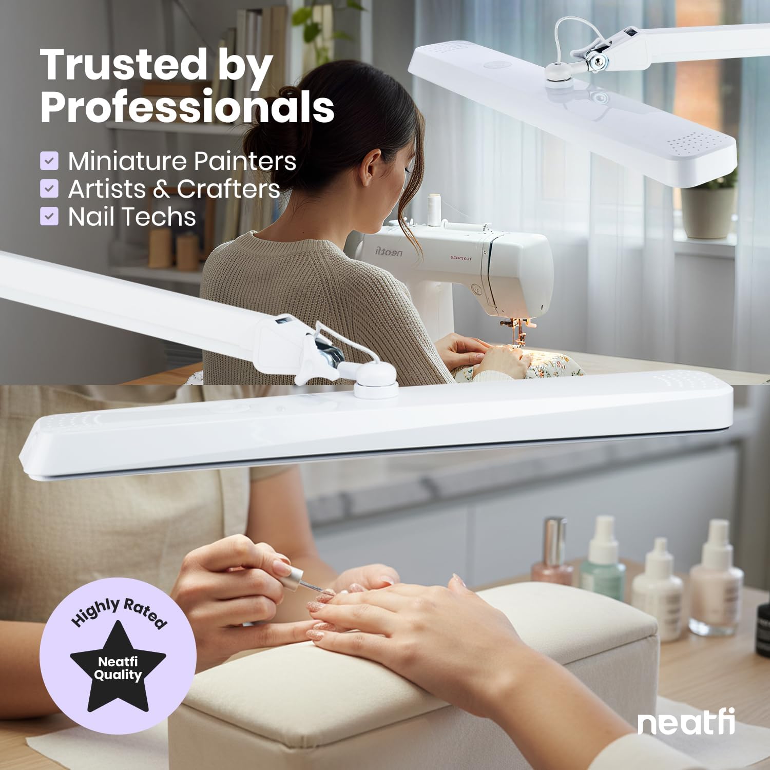 Neatfi XL 2,500 Lumens 30W LED Task Lamp for Manicure Table, Crafts, Workbench, Office – 22' Wide Shade Desk Light | Eye-Caring 6500K | 4-Level Brightness (White, Non-CCT with Clamp)