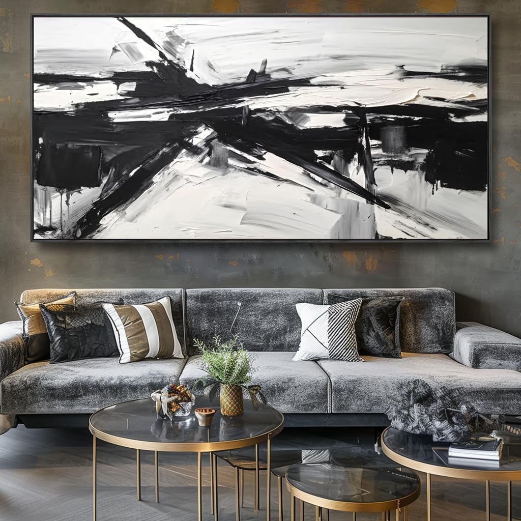 Wall Art Abstract Canvas Painting Black and White Modern Artwork for Living Room Bedroom Dining Room Home Office Decor 30'x60' with Framed