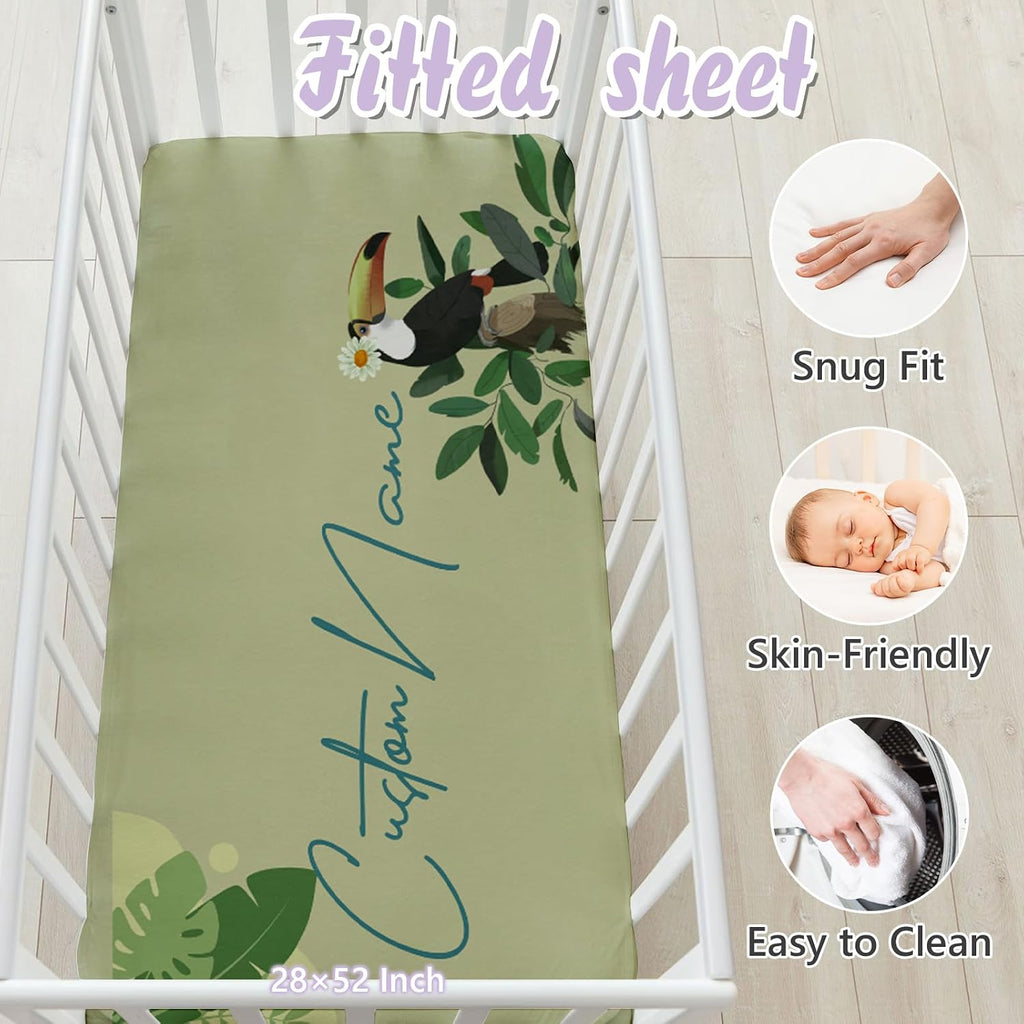 Custom Baby Crib Bedding Set, 5 PCS Personalized Name Baby Crib Sets for Girls Boys, Toucan Theme Nursery Bedding Sets for Infant Toddler, Double Layer Flannel Bed Set Customized Gifts