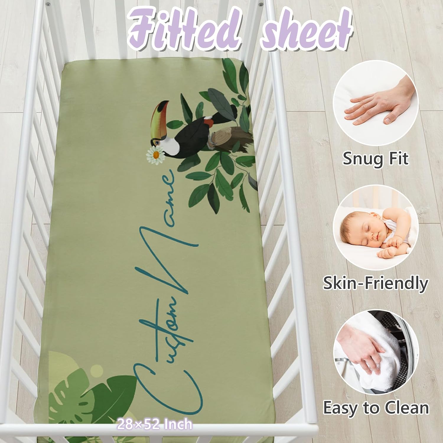 Custom Baby Crib Bedding Set, 5 PCS Personalized Name Baby Crib Sets for Girls Boys, Toucan Theme Nursery Bedding Sets for Infant Toddler, Double Layer Flannel Bed Set Customized Gifts