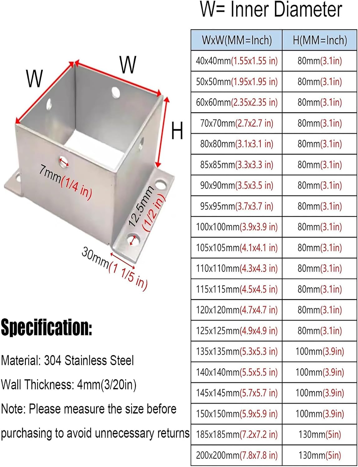 Heavy Duty Post Holder for Fence,Square Metal Railing Support Kit,Deck, Porch,Pergola, Patio, Mailbox,Adjustable Stainless Steel Anchor Base(145x145x100mm/5.7x5.7x3.9in)