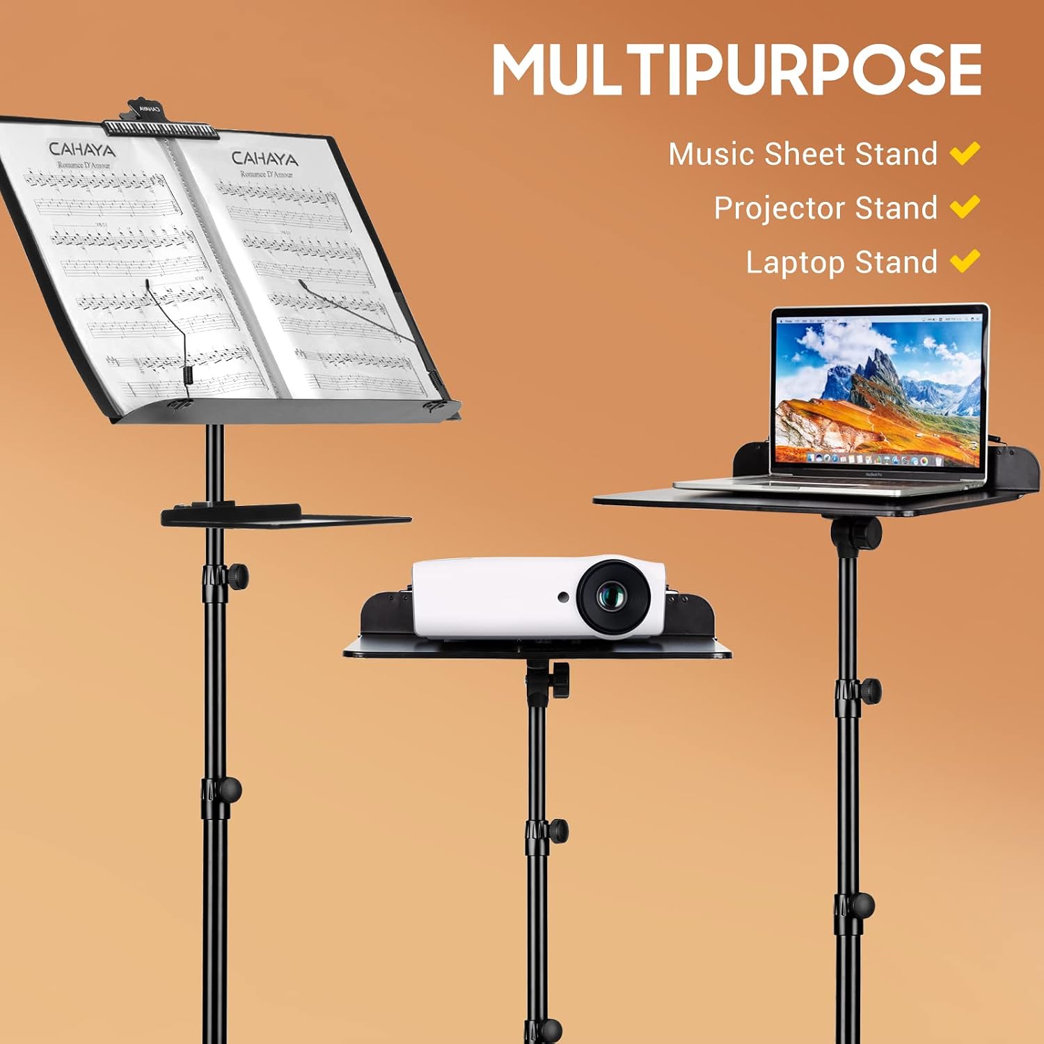 CAHAYA - Dual Use Sheet Music Stand with Holding Tray and Desktop Book Holder, Sheet Music Folder, Projector Stand for Guitar, Ukulele, Violin Players