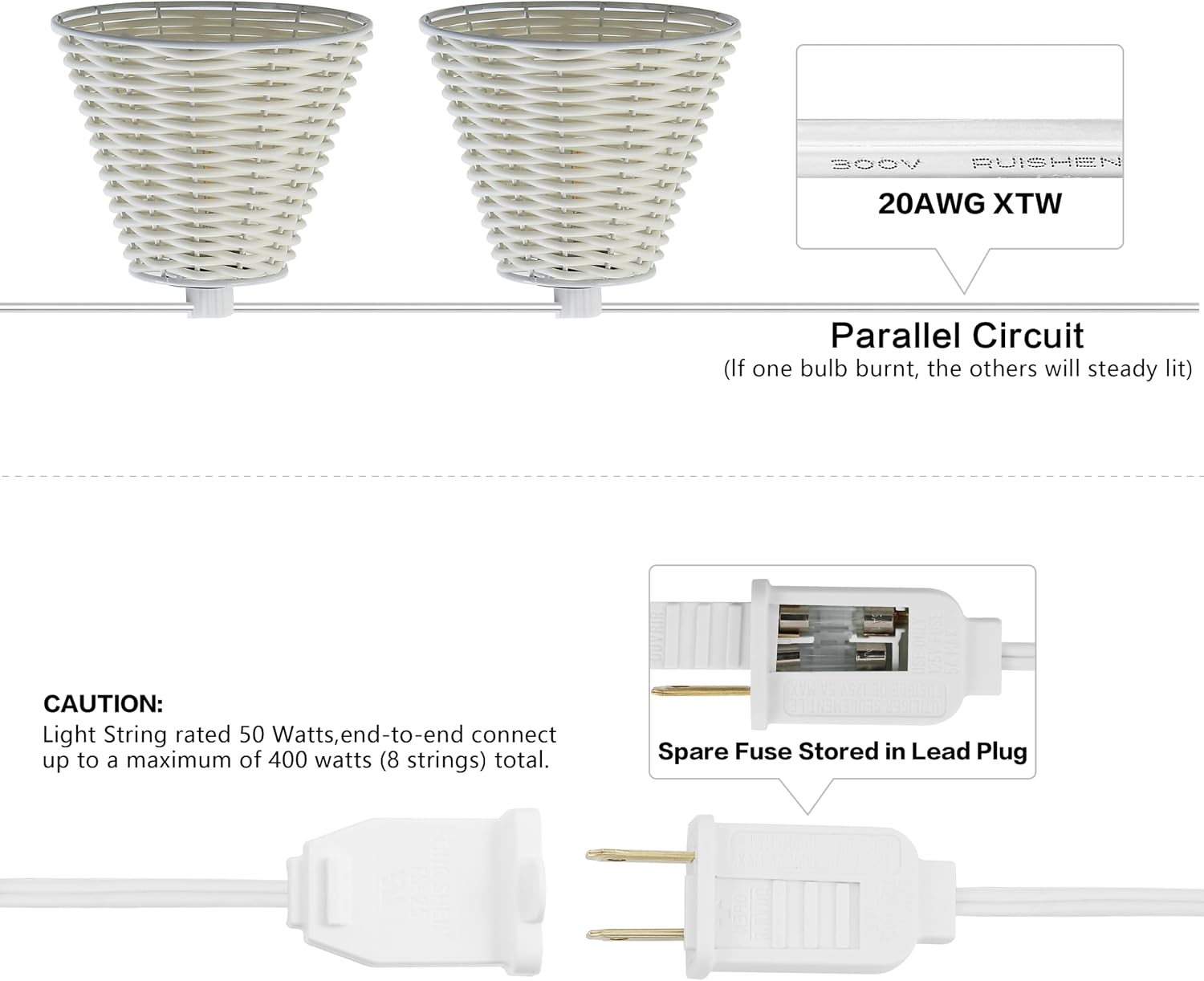 JONATHAN Y 10' White 10-Light Indoor/Outdoor LED String Lights for Patio, Classic Cottage Faux-Rattan Shaded Hanging Lights for Balcony, Deck, Coastal Decor (JYL8706B)