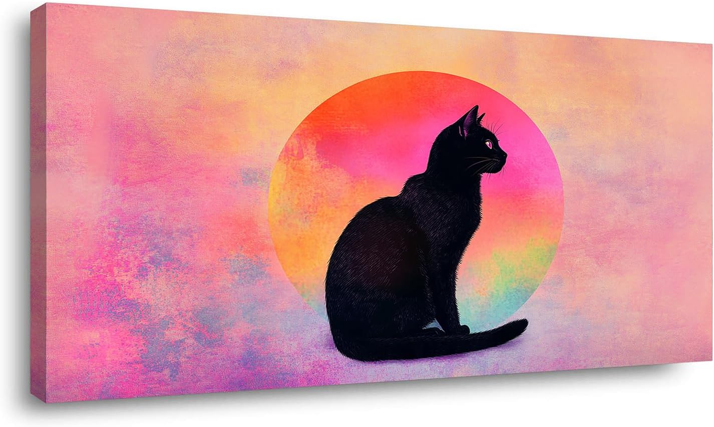 Black Cat Canvas Wall Art - Pink & Purple Sunset Landscape Painting with Silhouette Cat, Cute Retro Cartoon Cat Poster Painting Abstract Animal Wall Décor for Living Room Kid's Girls Bedroom Nursery Ready to Hang 30L x 16W (30x60 Inches)