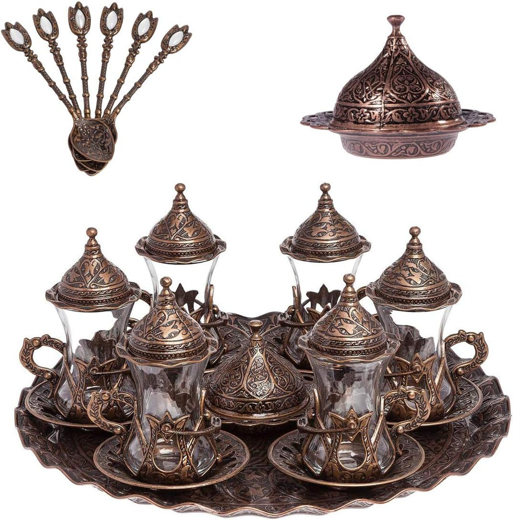 Alisveristime Handmade Turkish Tea Water Zamzam Serving Set Glasses Saucer, Tray and Spoon (Copper)
