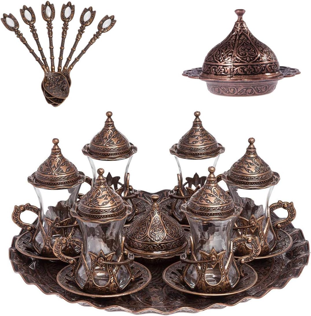 Alisveristime Handmade Turkish Tea Water Zamzam Serving Set Glasses Saucer, Tray and Spoon (Copper)
