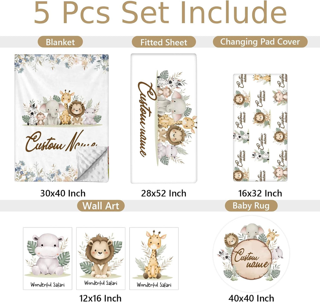 Personalized Baby Bedding Set, 5 Pcs Custom Baby Crib Sets with Name, Animal Safari Toddler Bedding Set for Baby Girls Boys, Double Layer Nursery Bedding Set, Customized Gifts for Infants Kids
