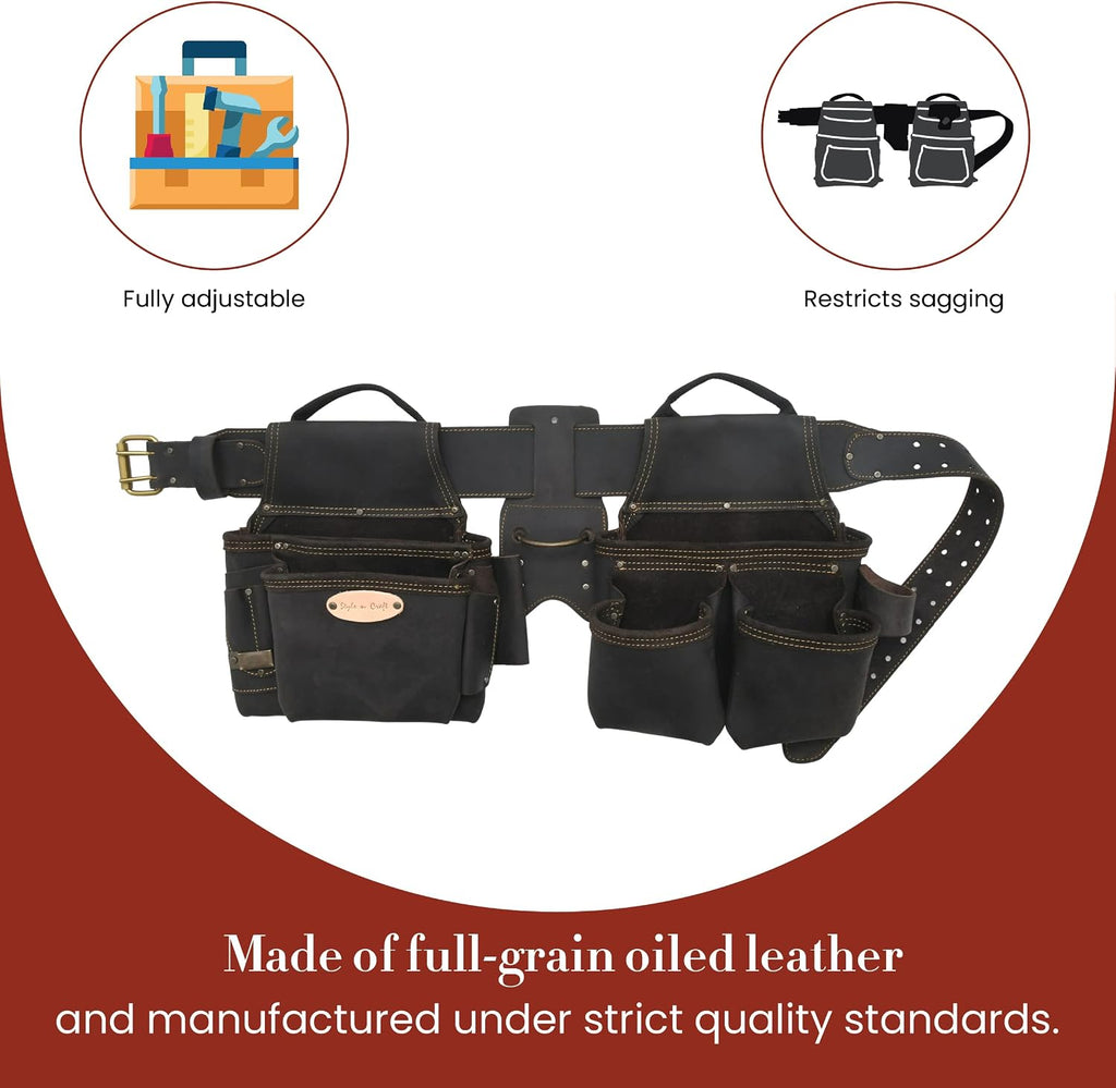 Style n Craft 4-Piece and 17-Pocket Pro Framer's Combo, Tool Belt with 2 Tool Pouches and 1 Hammer Holder, Full-Grain Oiled Leather Tool Belt, Dark Brown (90429)