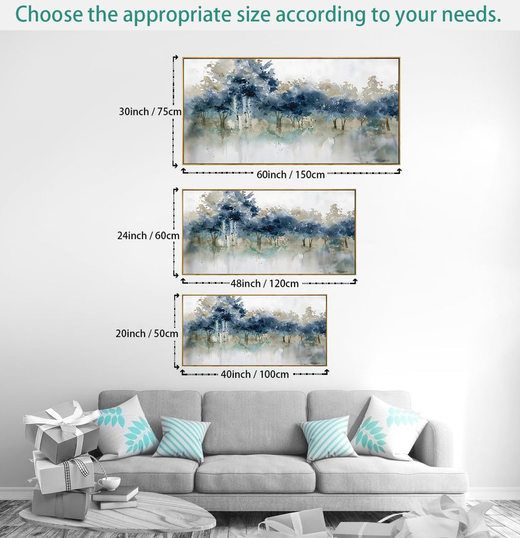 Wall Art Landscape Modern Wall Decor Canvas Painting Blue Ink Wall Art Large Artwork for Living Room Bedroom Office Home Decor 24'x48' with Framed