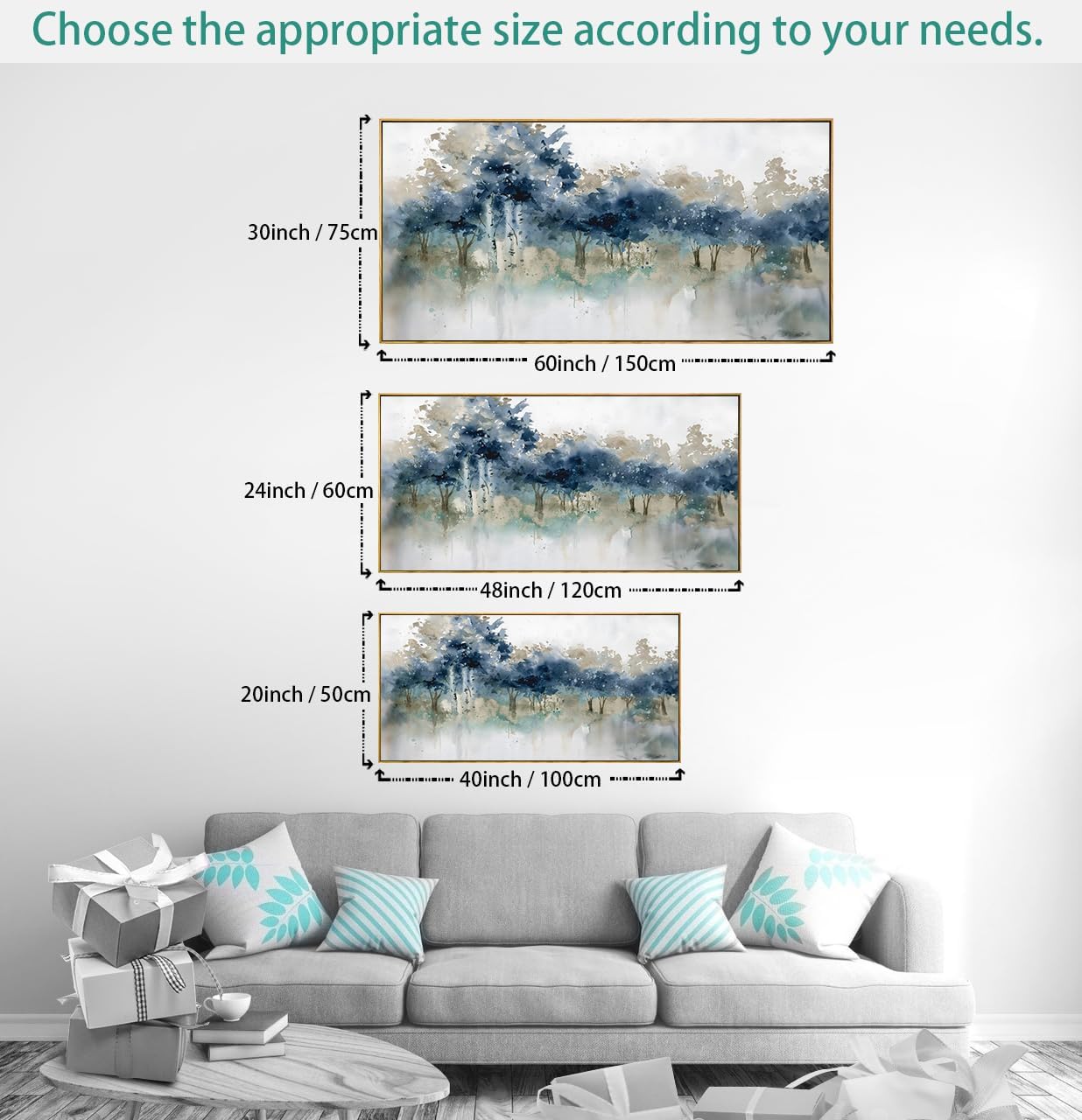 Wall Art Landscape Modern Wall Decor Canvas Painting Blue Ink Wall Art Large Artwork for Living Room Bedroom Office Home Decor 24'x48' with Framed