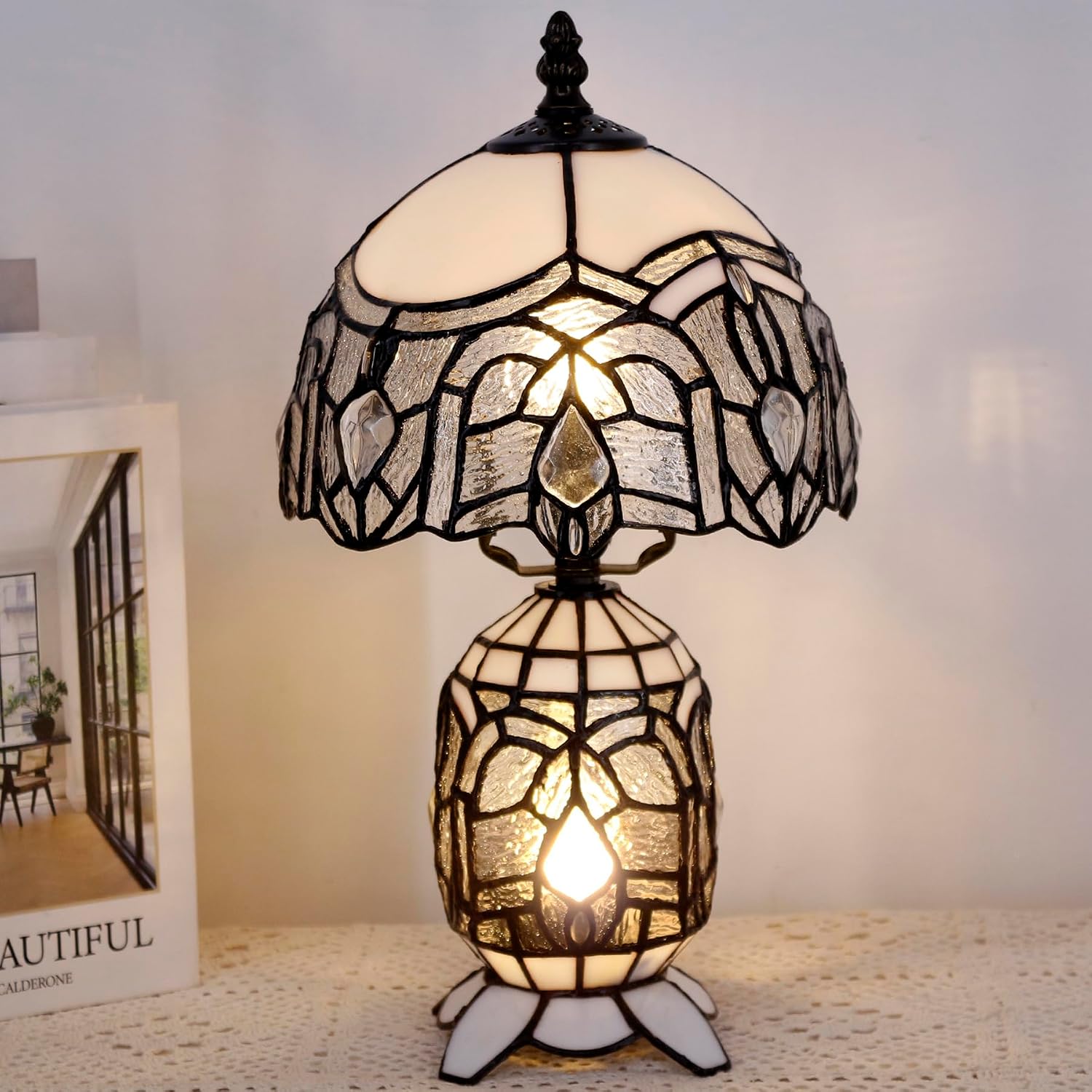 Small Tiffany Lamp Stained Glass Table Lamp Mini Mother Daughter Vase Desk Accent Light for Bedroom Bedside Reading Home Antique Style Decor 8X14 Inches (White)