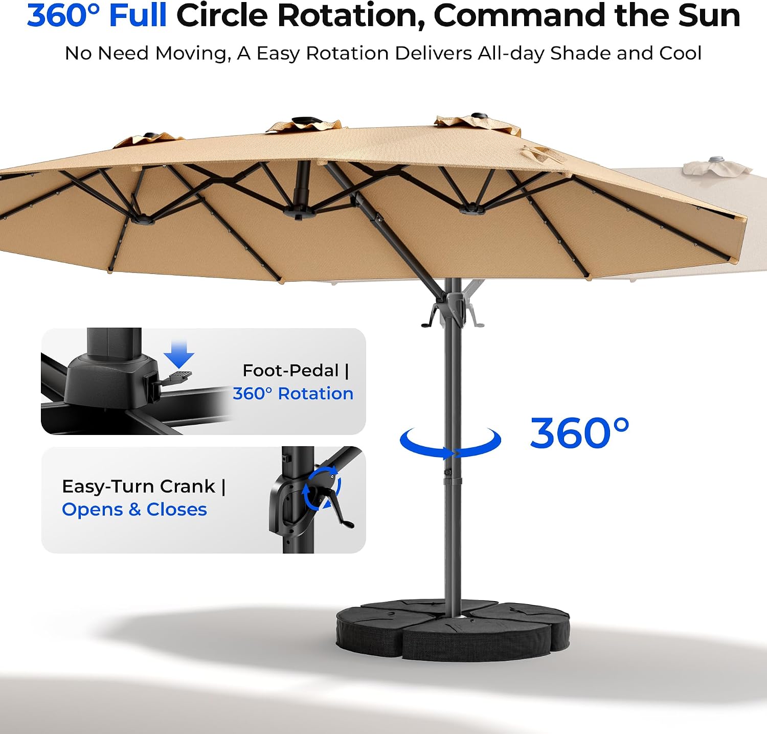HOMSHADE 15FT Cantilever Double-Sided Umbrella with Solar Light and Base, Rectangle Oversized Offset Patio Umbrellas, Extra Large Outdoor Umbrella for Pool, Deck, Garden (Beige)