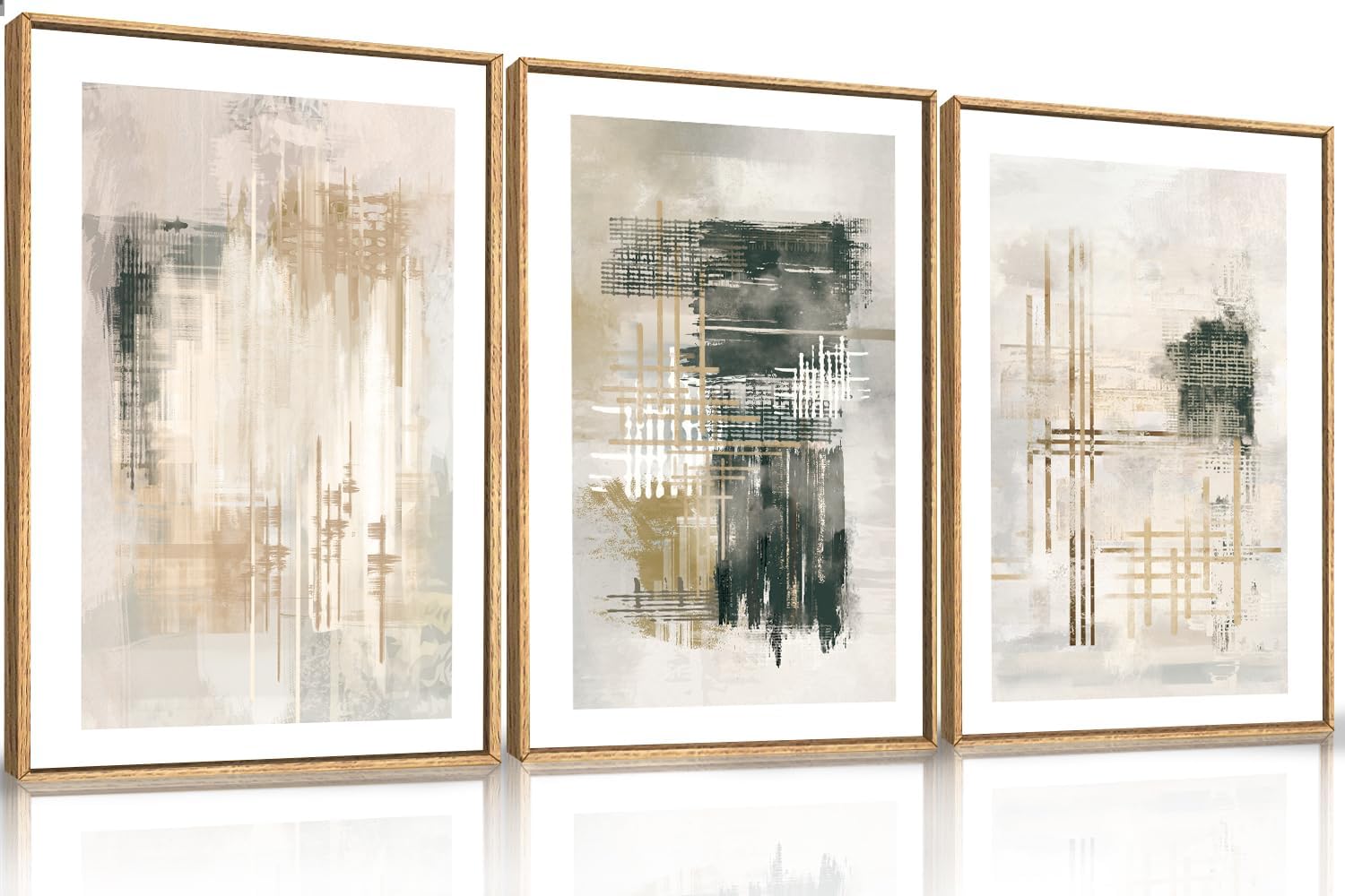 Ausril Modern Abstract Framed Canvas Wall Art Set, Minimalist Neutral Wall Decor, Textured Stroke Art Prints, Beige Black White Painting for Living Room, Bedroom, Office -24''x36''x3