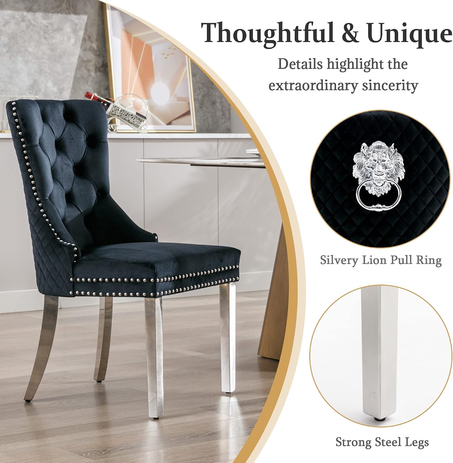 civama Dining Chairs Set of 2, Elegant Luxury Velvet Tufted Dining Chairs Silver Legs & Nailhead Trim, Back Lion Head Pull Ring & Rhomboid Pattern, Nikki Collection Armless Kitchen Chair, Black