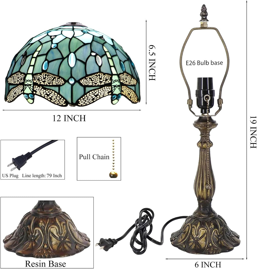 Tiffany Style Lamp Stained Glass Table Lamp Memory Sympathy Desk Reading Light 12X19 Inch (Sea Blue Dragonfly)